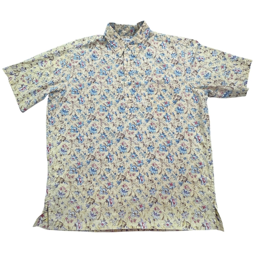 Reyn Spooner Shirt Mens XL Beige Blue Floral Aloha Hawaiian Popover Short Sleeve